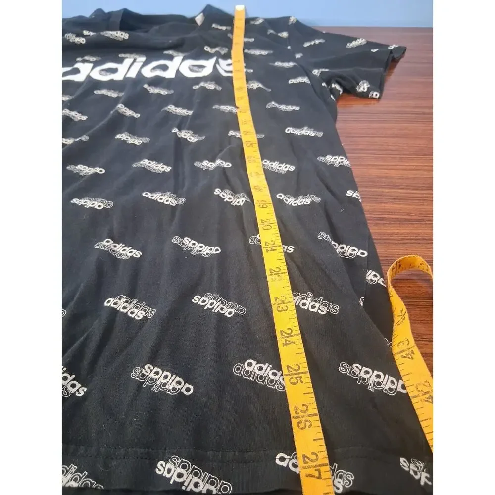 Adidas Logo Black Shirt Size XL White Logo All Over Print Short Sleeve